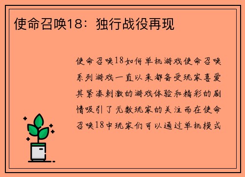 使命召唤18：独行战役再现